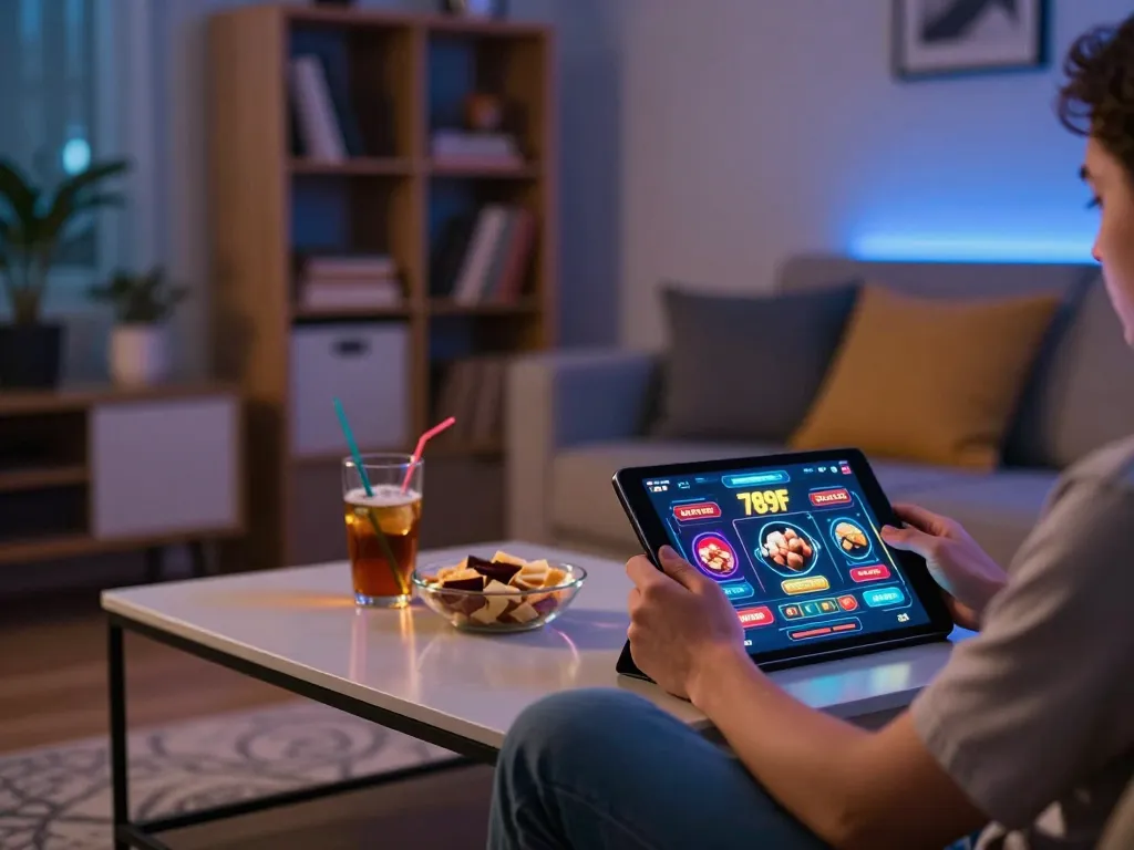 Player enjoying 789F online casino on a tablet in a cozy home setting, depicting responsible gaming.