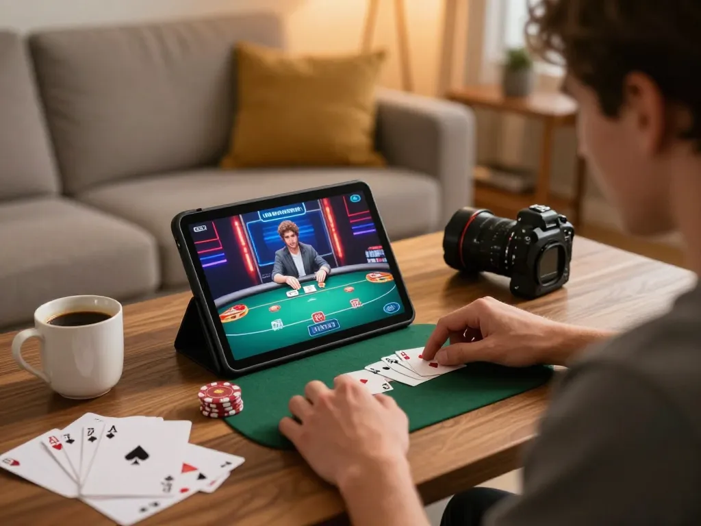 Player enjoying fun79 online poker game on tablet in a cozy home setting.