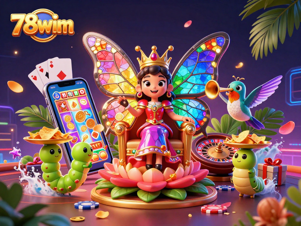 Play thrilling games at 78wim with a colorful, captivating casino scene filled with vibrant characters and dynamic slot action.
