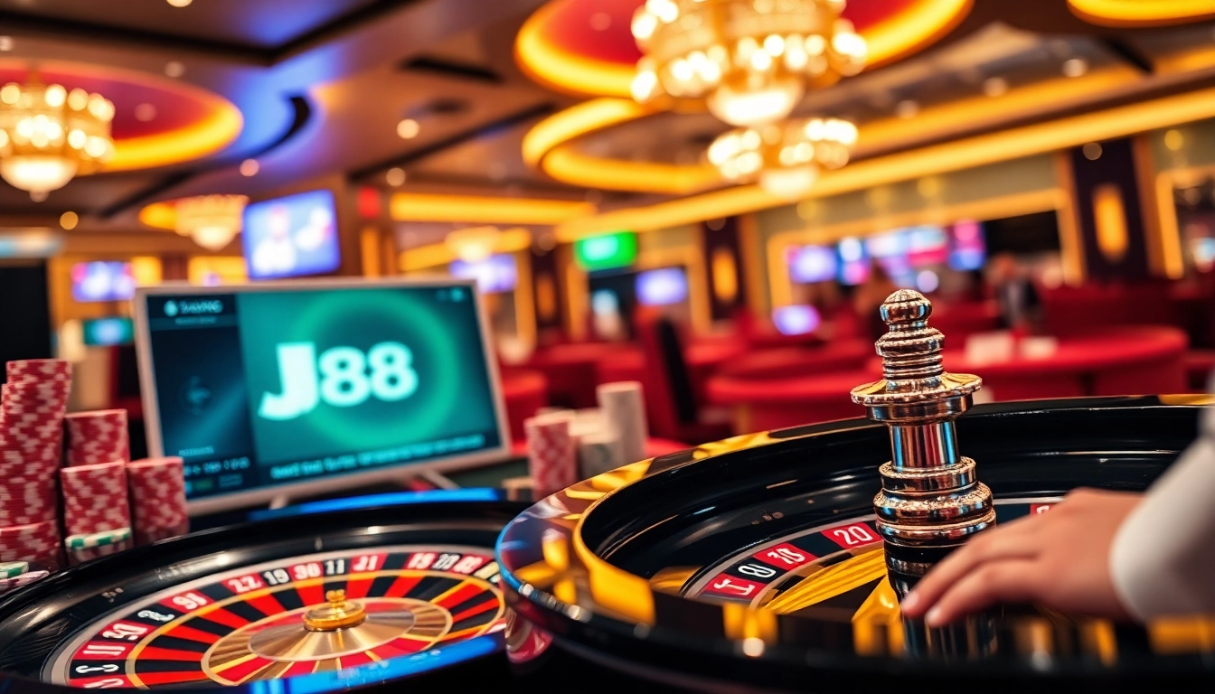 Gambling excitement at J88 casino with roulette wheel and poker chips in vibrant setting.