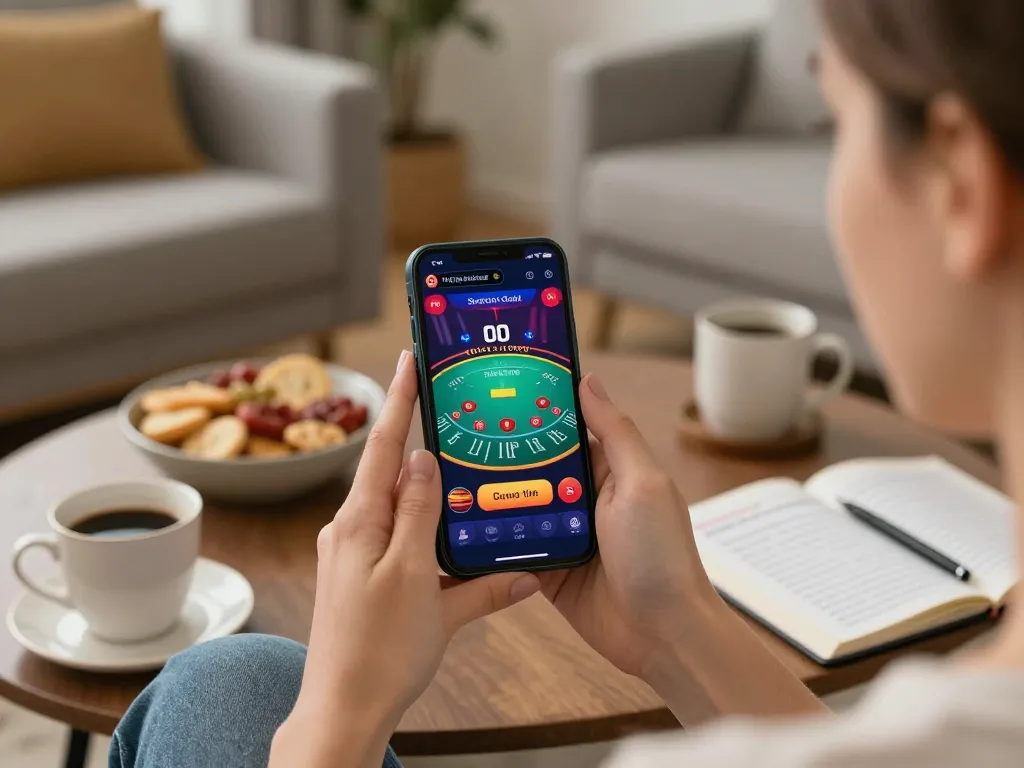 PH22 player enjoying live dealer blackjack on mobile in a cozy living room