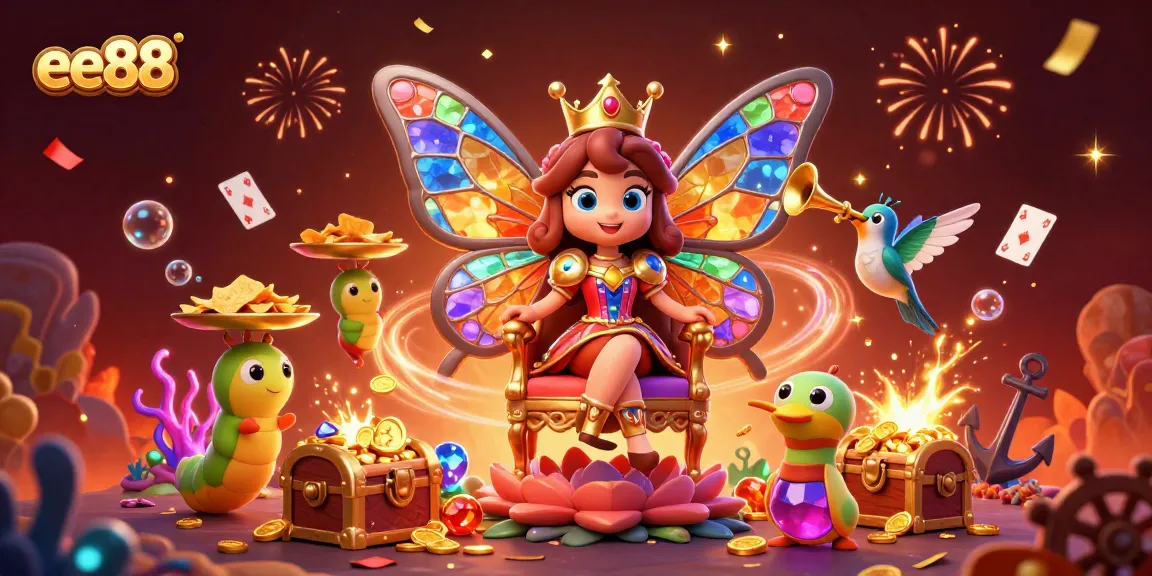 Engage with the vibrant world of EE88 casino games, animated by a playful butterfly queen amidst treasure and excitement.