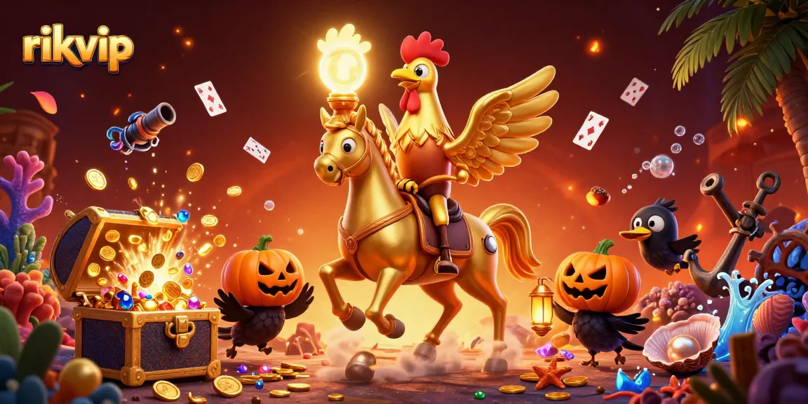 Play exciting games at rikvip with a vibrant casino backdrop featuring golden treasures and surreal characters.