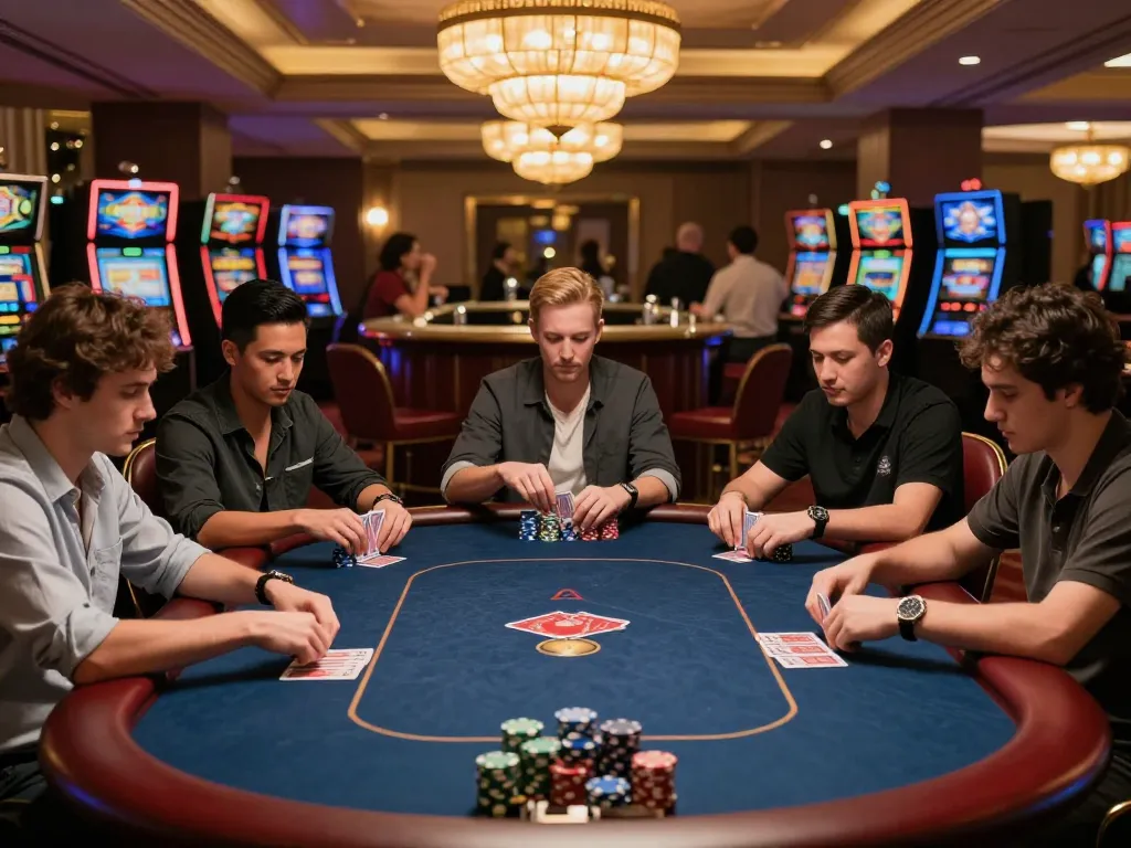 Players engaging in high-stakes poker at an elegant table in a casino, highlighting VK88 experience.