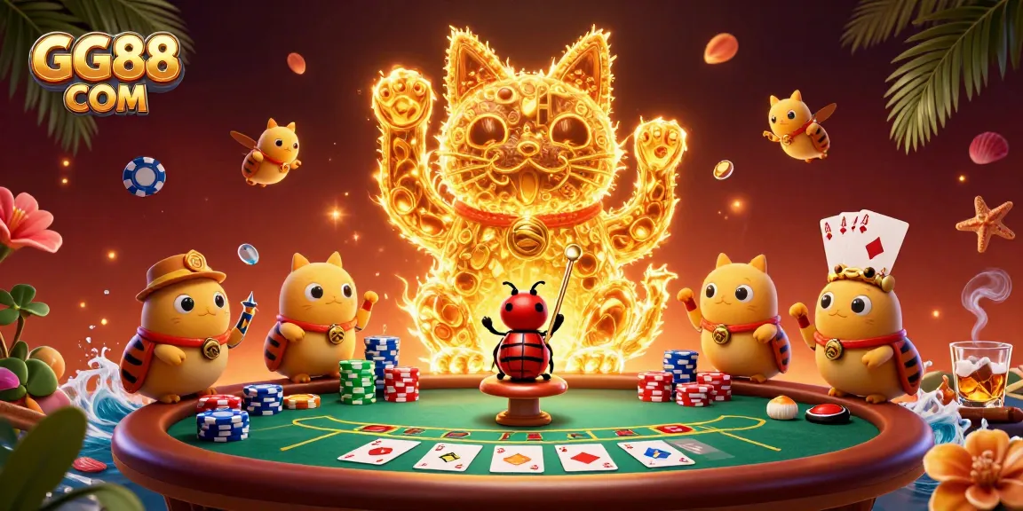 Experience the luck at GG88 COM with a vibrant 3D illustration featuring a giant lucky cat symbolizing prosperity in a dynamic casino scene.
