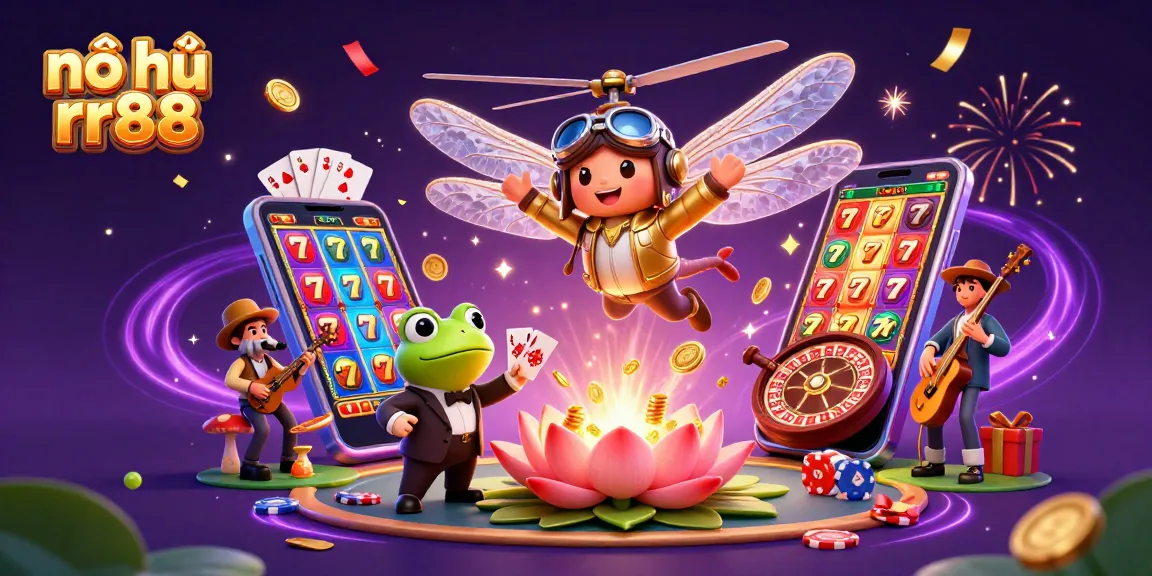 Nổ hũ rr88 offers a vibrant casino scene with a dragonfly pilot, interactive slot games, and exciting jackpots.