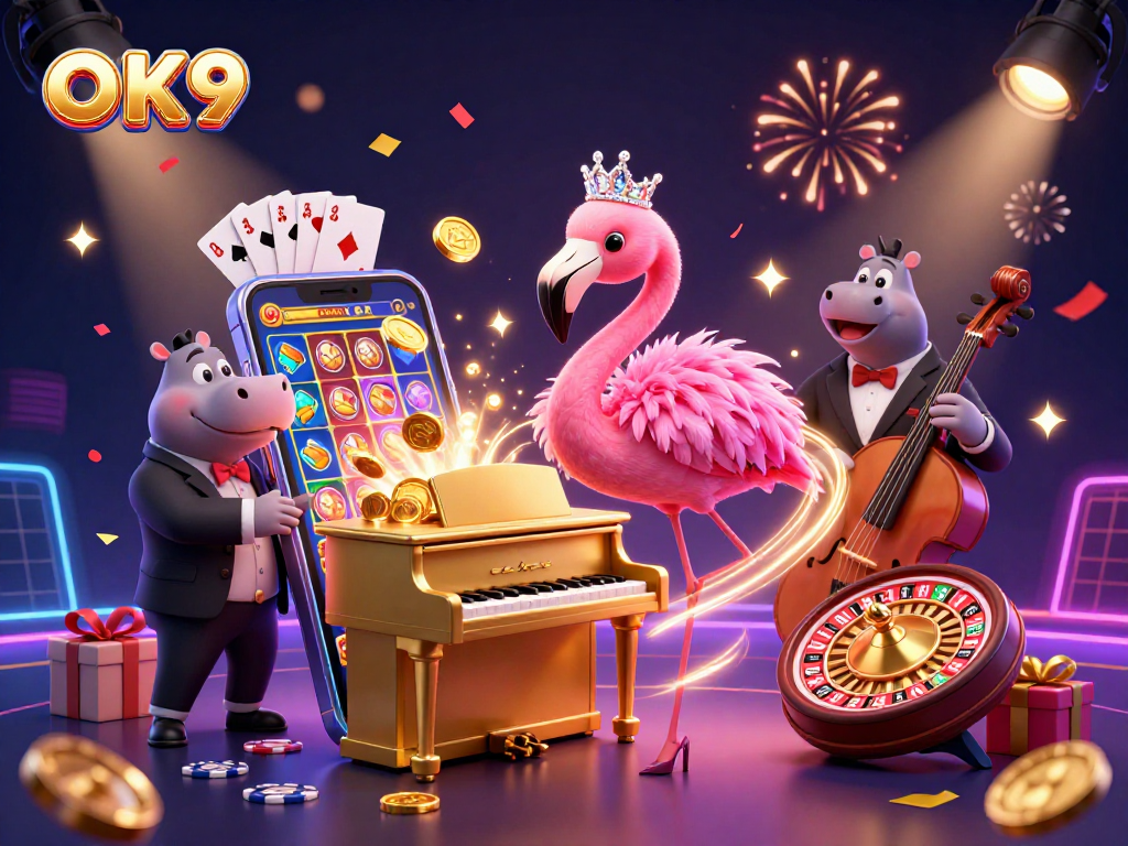 Play slots and win with excitement at O K 9, featuring vibrant characters and casino elements.