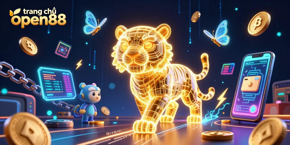 Engage with the virtual casino scene on trang chủ open88 featuring a neon wireframe golden tiger amidst crypto elements.