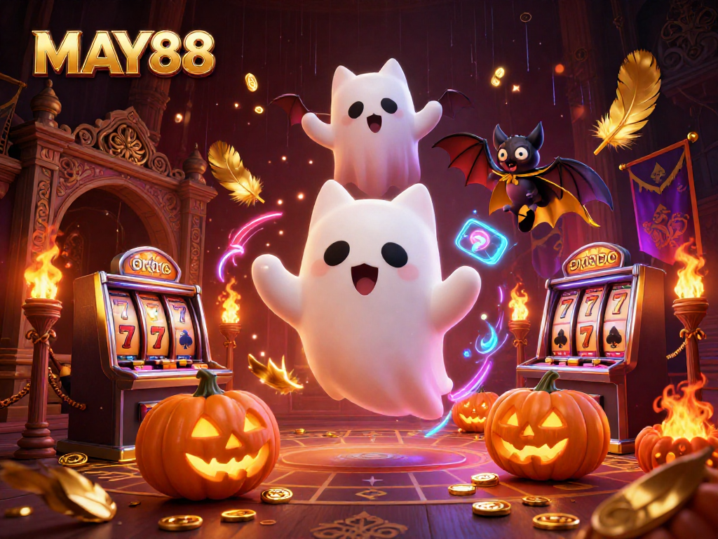 Engage in thrilling gameplay with MAY88's vibrant casino scene featuring a ghost cat and vampire bat.