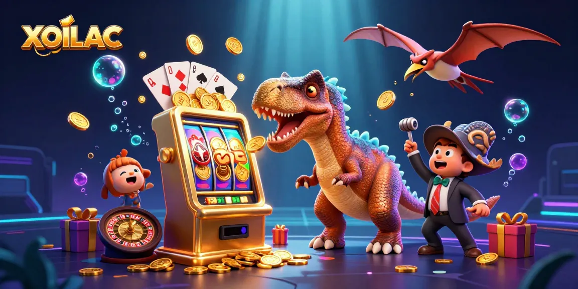 Experience the thrill of XOILAC with cartoon dinosaurs amidst a lively casino adventure.