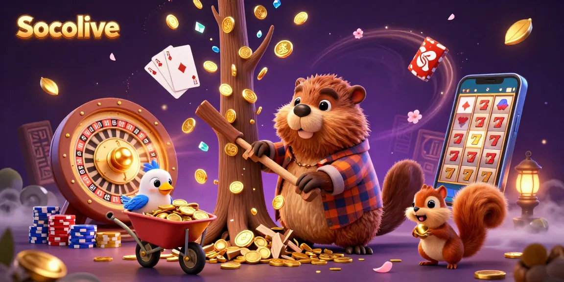 Socolive platform showcases a lively gambling scene with cartoon characters collecting golden coins from a magical tree, promoting an engaging betting experience.