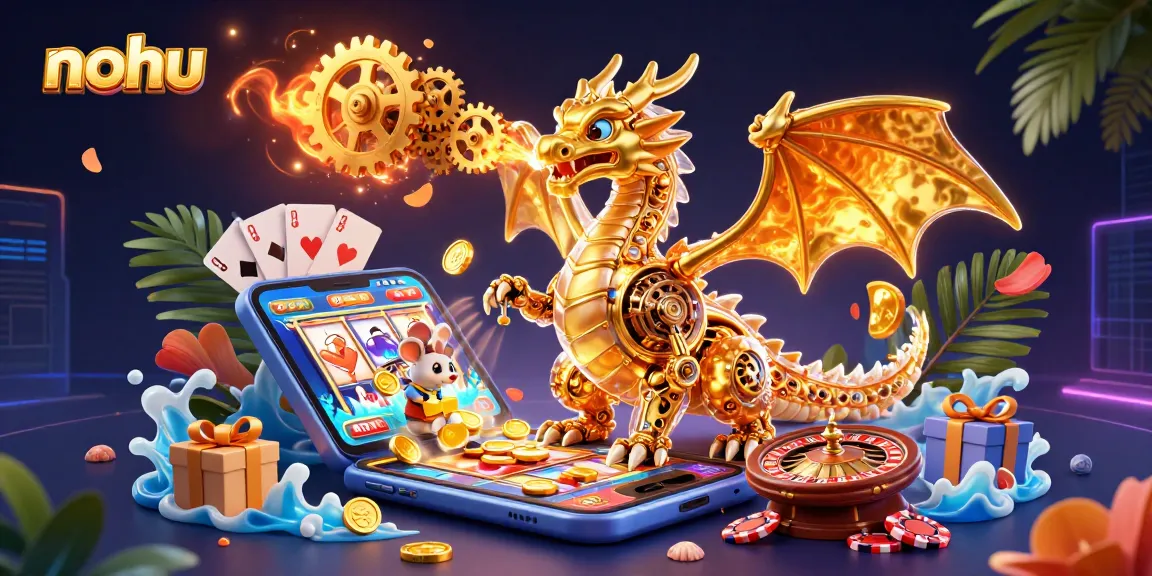 Nohul's golden dragon breathes luck with explosive slot game reels and vibrant casino elements.