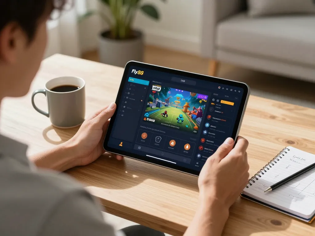 Sảnh game fly88 showcasing an engaging online gaming experience with a player using a tablet.