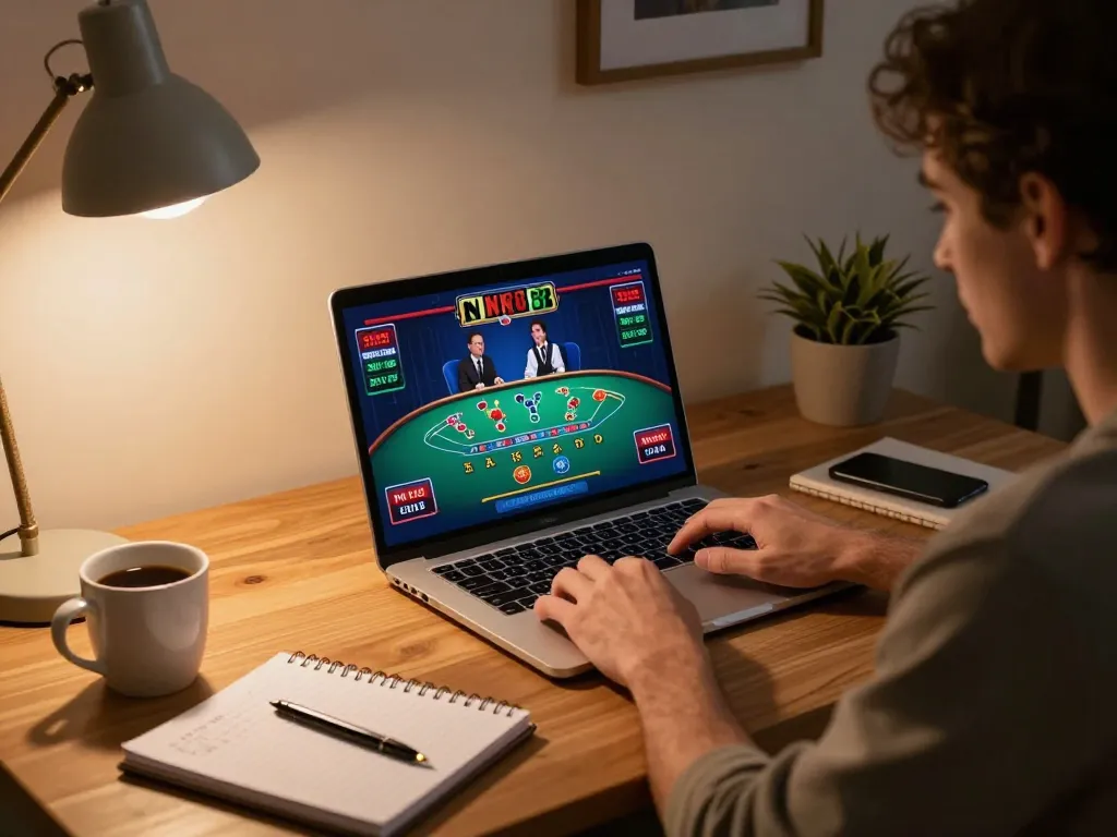 Engaging in a live dealer blackjack game on NK88 from a cozy home office.