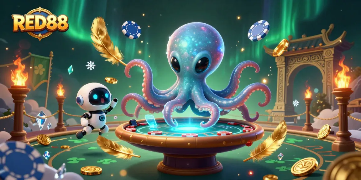 Engaging RED88 illustration of an alien octopus at a holographic poker table in a vibrant cosmic setting.