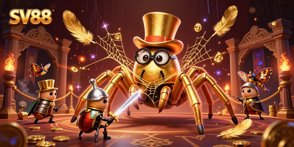 Engage with SV88's thrilling gaming experience through a dramatic scene of a golden tarantula and beetle knight.