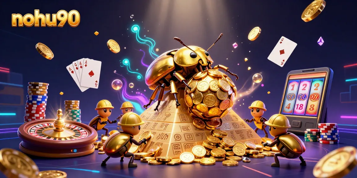 Engage with nohu90's thrilling gaming experience featuring golden beetles and cascading coins.