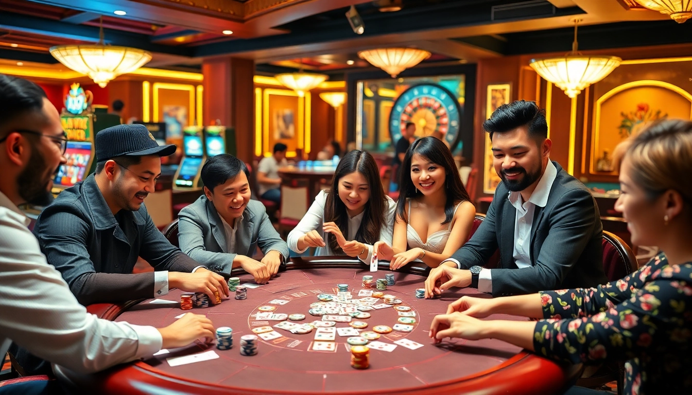 Players enjoying a thrilling game of Dominoqiu at a luxurious casino setting with vibrant elements.