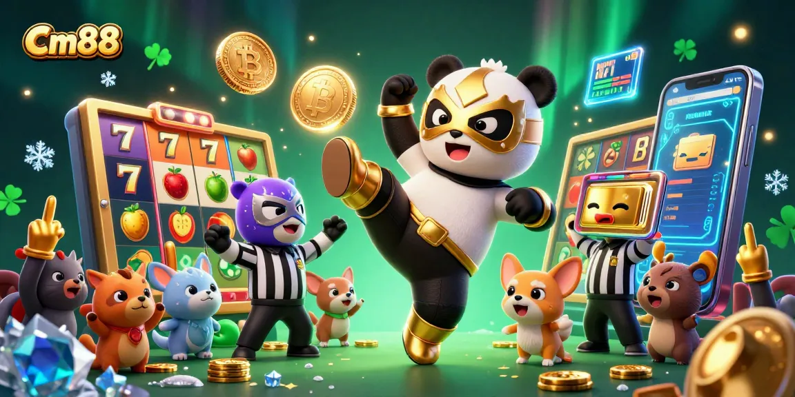 Experience thrilling action with Cm88 as the panda wrestler performs an awesome kick surrounded by casino elements.