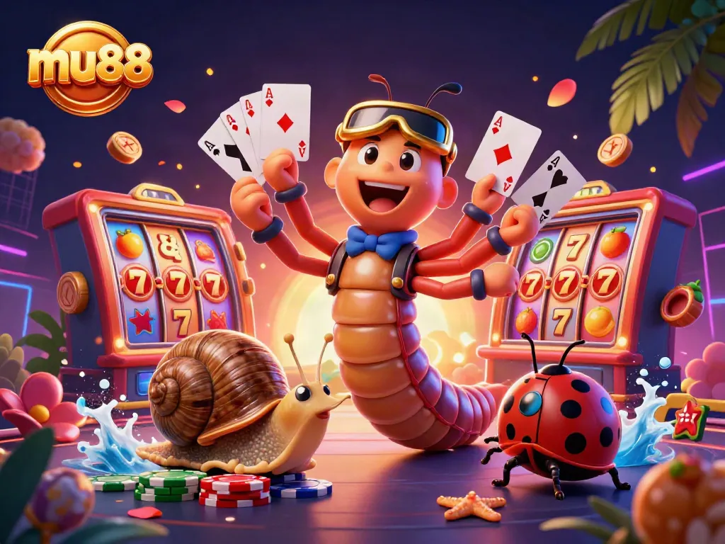 Engage with mu88's entertainment as a millipede dealer presents vibrant slot game symbols and a high-roller snail.