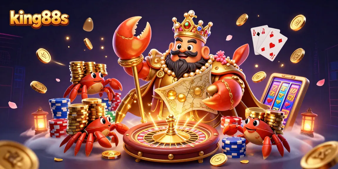 Experience king88s with the golden crab emperor amidst shimmering treasures and dynamic casino elements.