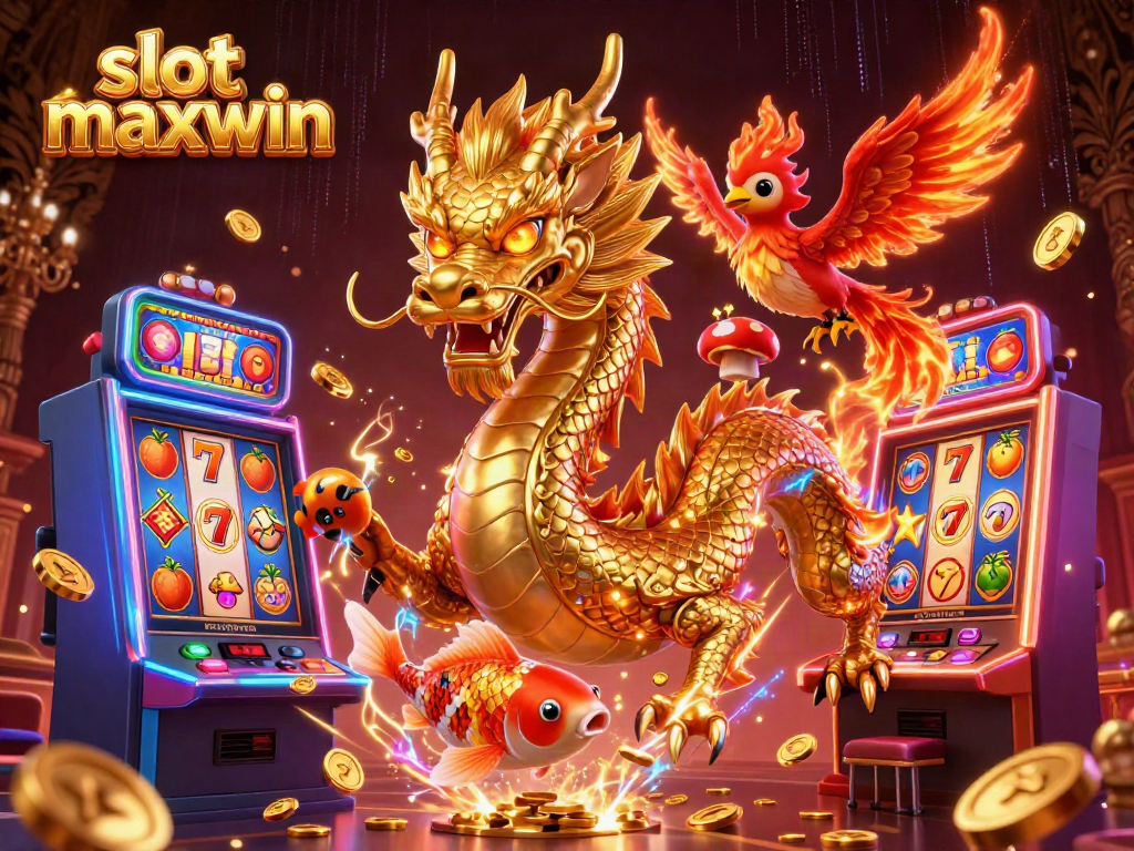 Experience the thrill of slot maxwin with vibrant slot machines, a golden dragon, and fireworks of coins.