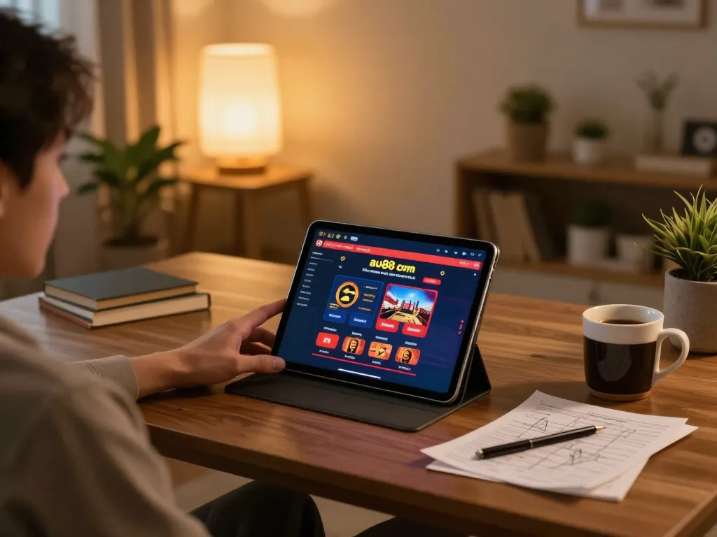 Engaging with au88 com online casino on a tablet in a cozy home setting with warm lighting.
