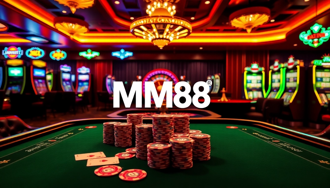 Experience the thrill of MM88 at a luxurious casino table with vibrant chips and cards.