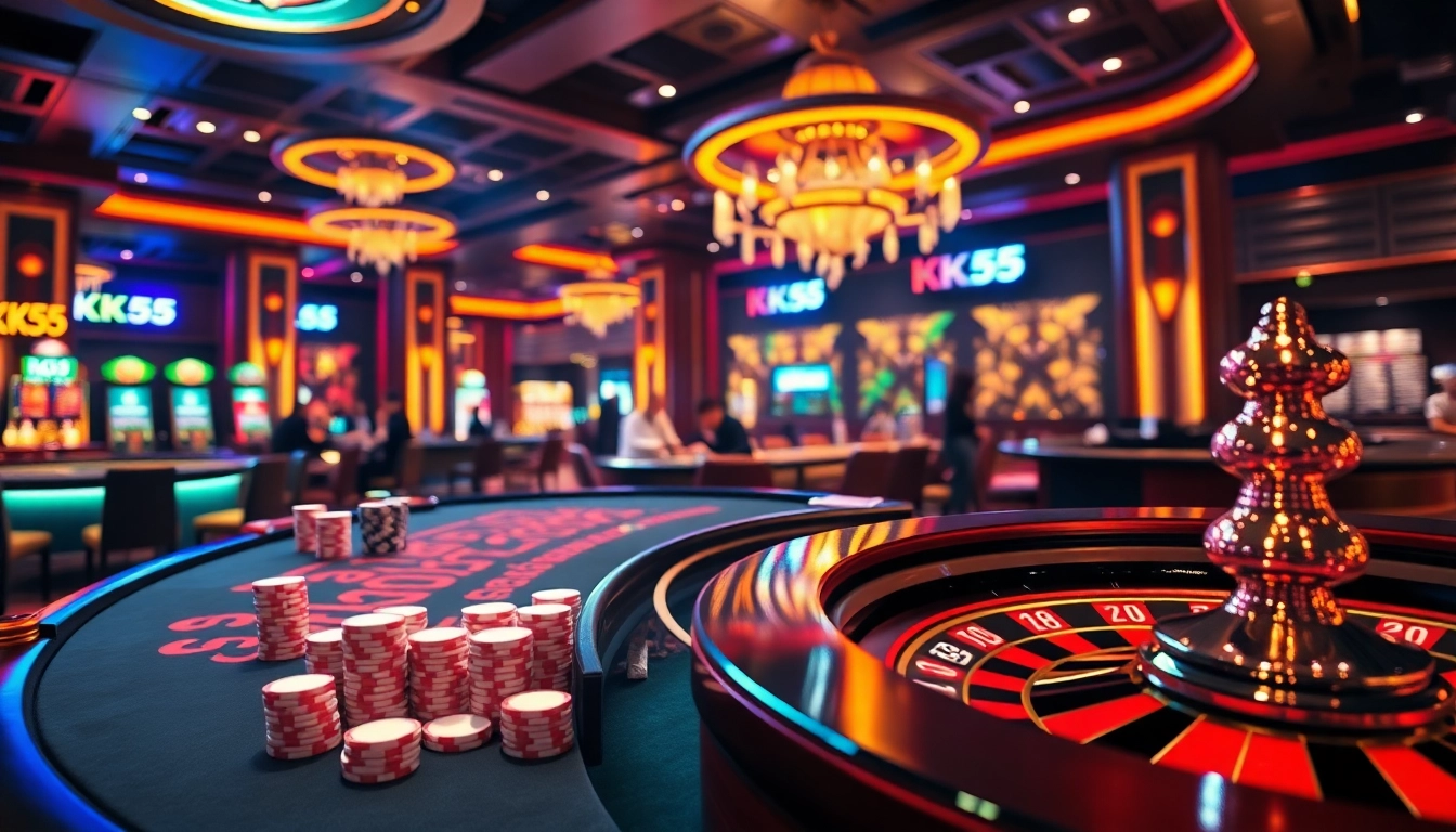 KK55 branding enhances the vibrant casino scene, showcasing engaging table games and excitement.