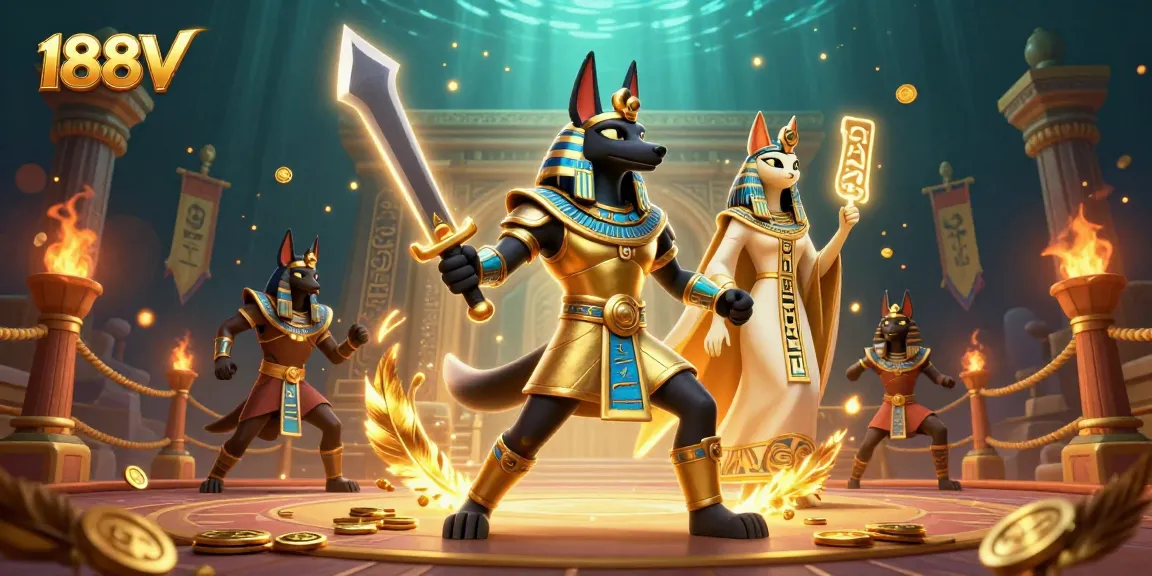Experience thrilling gaming adventures with 188V, featuring Anubis and Bastet in a vibrant casino scene.