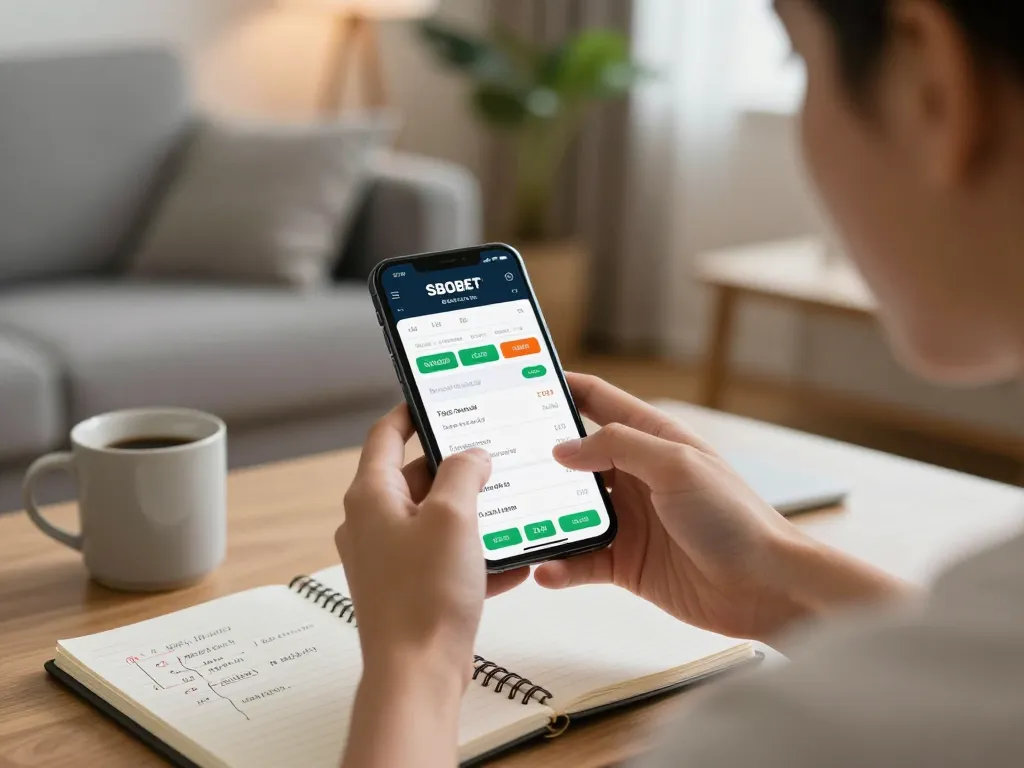 Aplikasi olahraga SBOBET ditampilkan di smartphone selama sesi taruhan online di rumah