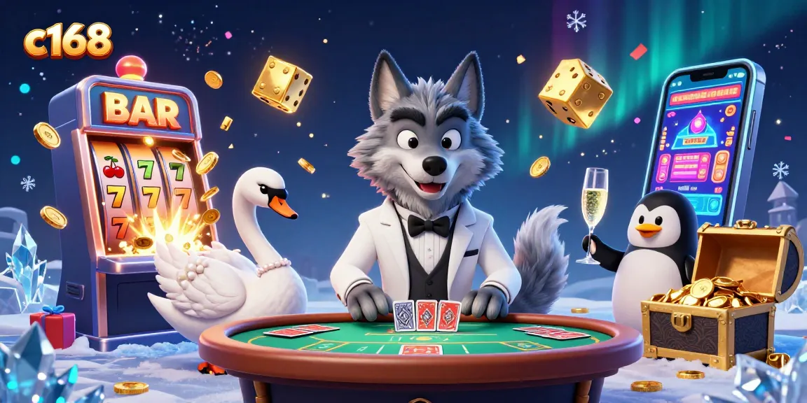 C168 reveals vibrant gaming action with a debonair wolf, swan dealer, and penguin sommelier at a dazzling casino