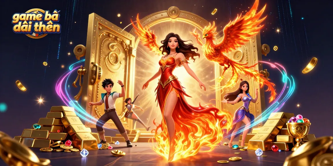 Experience game bài đổi thưởng with a stunning woman and a fiery phoenix in a rich casino scene.