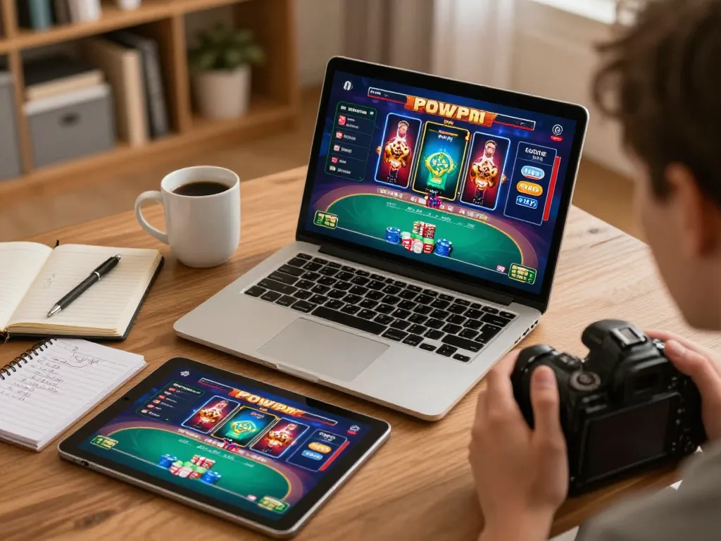 Gamer engaging with TR88 online casino, analyzing bets on laptop and tablet.