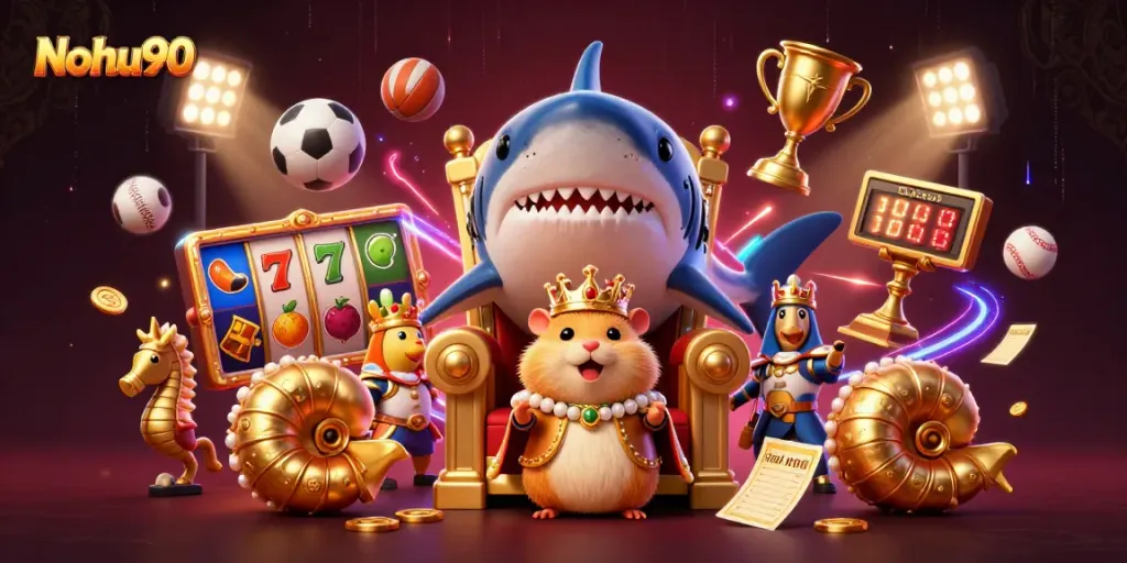 Nohu90 showcases a dynamic 3D casino scene with a golden hamster king conquering the slots, embodying thrilling winnings.