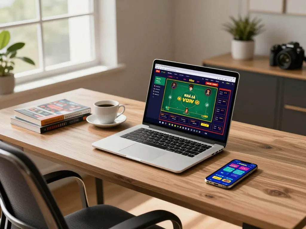 Engaging with NHÀ CÁI VUA88 online casino on a laptop in a cozy home office setting.