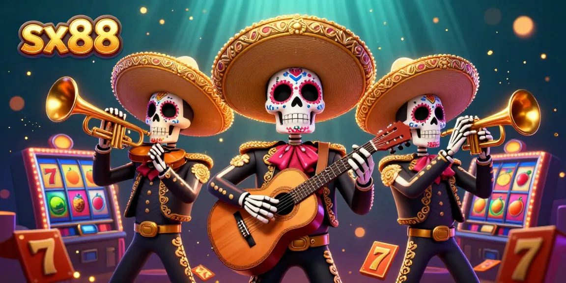 SX88 slots-themed illustration with a dynamic mariachi band bringing energy to the casino scene.