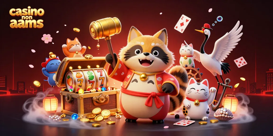 Vivi l'emozione dei casino non AAMS attraverso una scena vivida con tanuki, gru e gatti della fortuna in un mondo vibrante e magico.