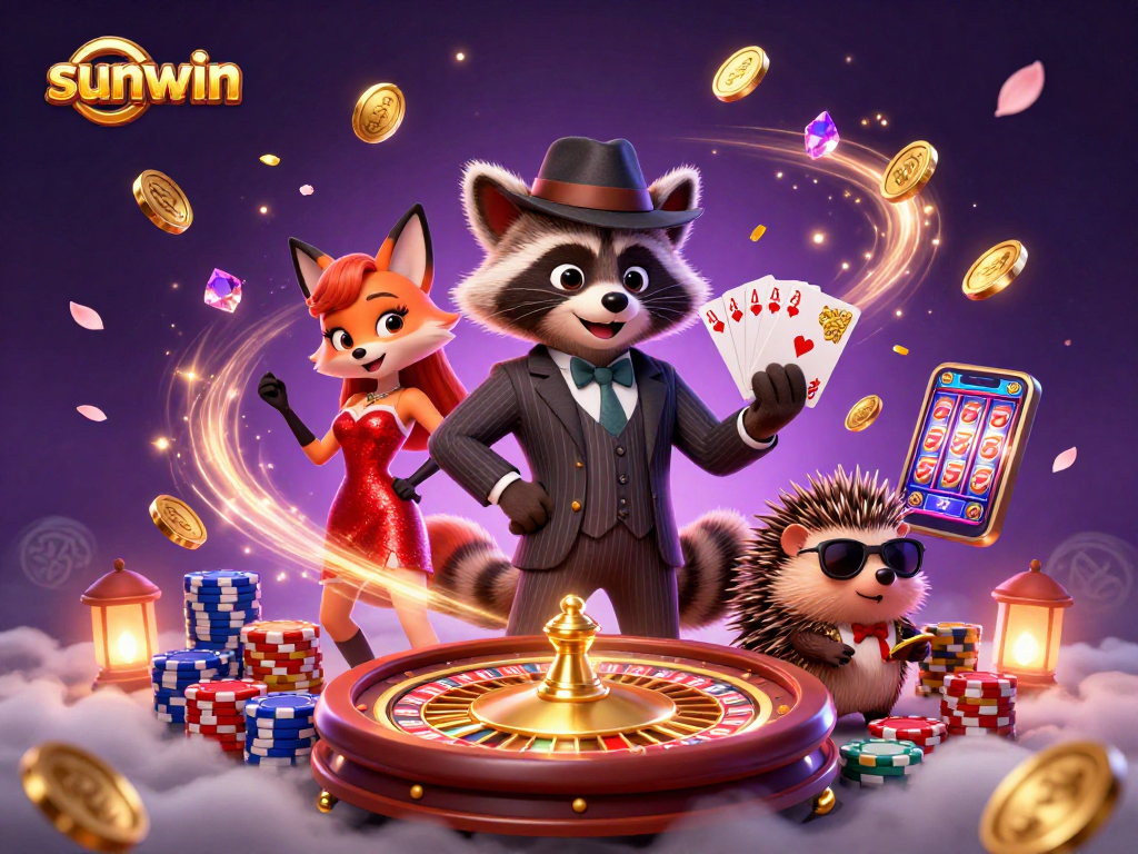 Win big with sunwin casino, featuring a suave raccoon and a dazzling fox in an exciting gaming scene.
