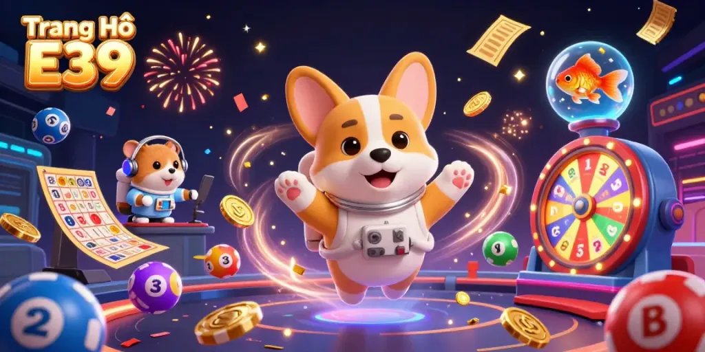 Engaging scene depicting Trang Chủ E39 with a floating corgi astronaut in a space station casino amid vibrant gambling elements.