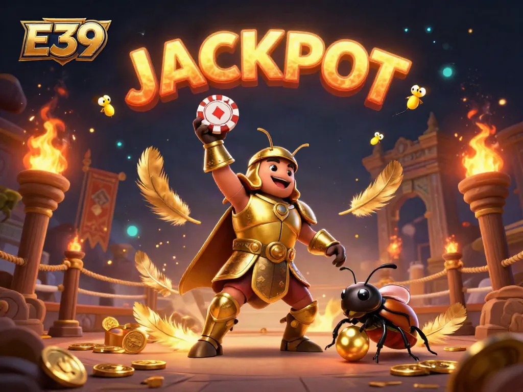 Experience the thrill with E39's hercules beetle, symbols of victory and jackpots, in a vibrant casino scene.