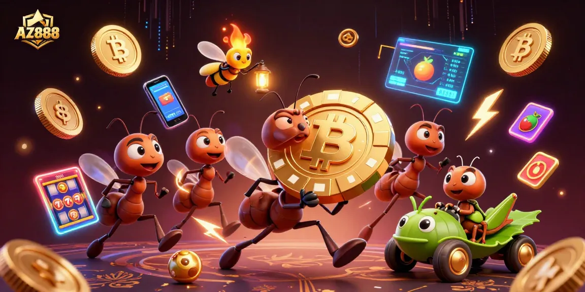 Experience the thrilling AZ888 casino heist with ants and crypto coins in a vibrant heist scene.