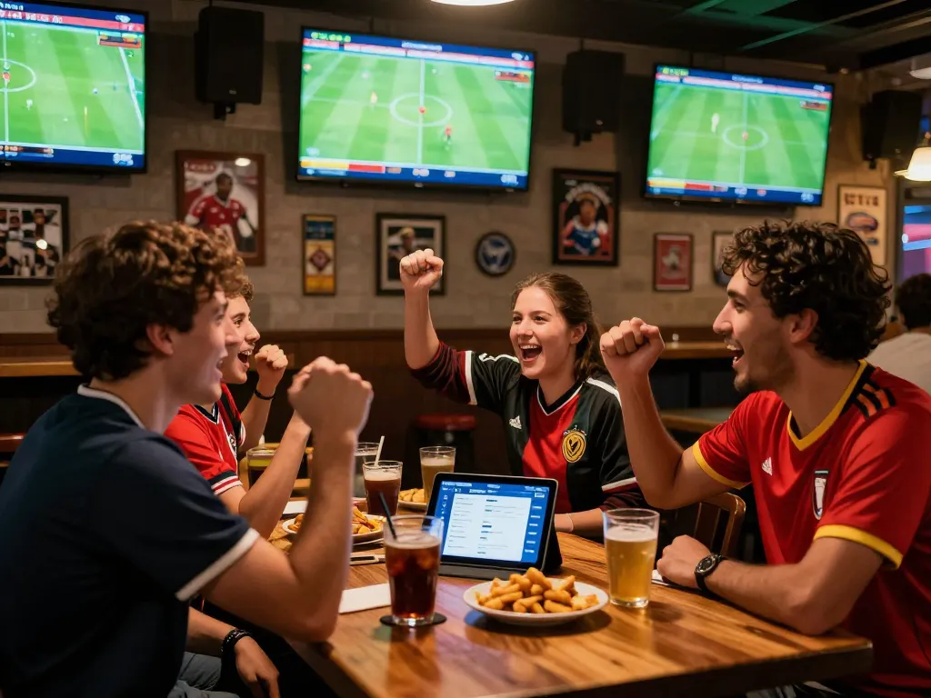 Fans enjoying live football matches while using 1gom betting platform in a vibrant sports bar.