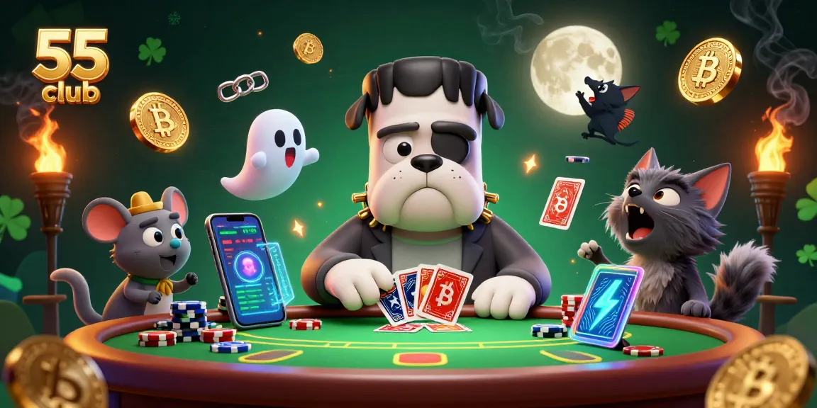 Join the 55 club for thrilling poker action with vibrant monsters in a dynamic gaming scene.
