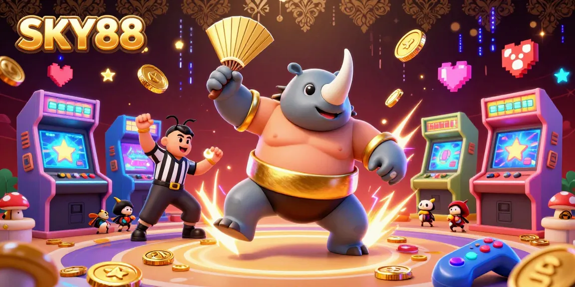 Experience thrilling gameplay at SKY88 with a vibrant sumo beetle champion amidst flying coins and gaming elements.