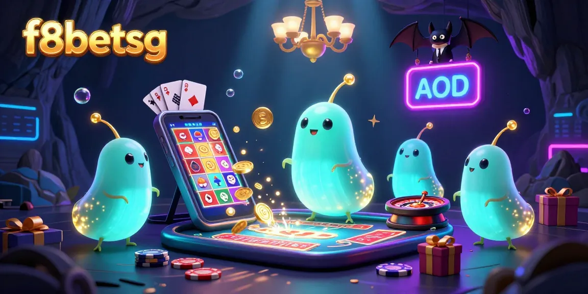 Experience the thrill of f8betsg with glowworms lighting up a vibrant casino scene, showcasing slot games and neon glow.