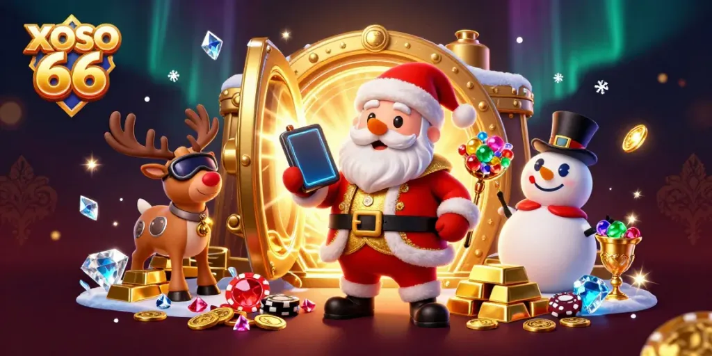 XOSO 66 Santa and friends celebrating big wins with jackpot slots in a vibrant casino