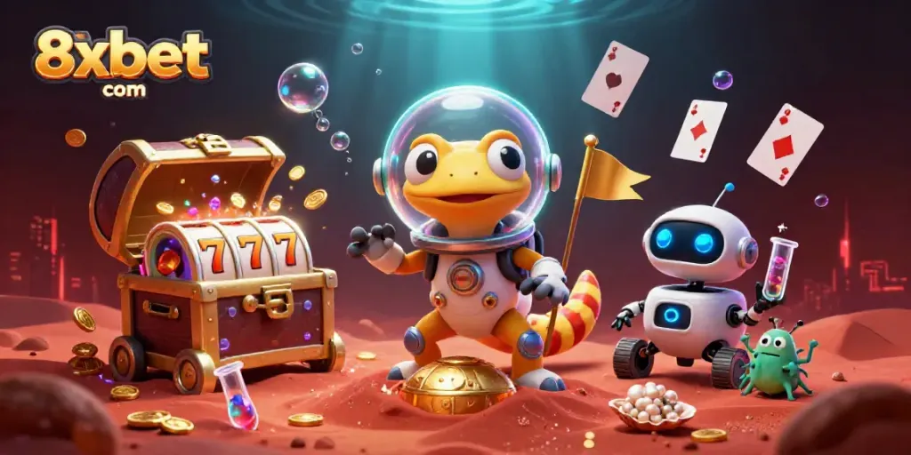 Engage in winning at 8xbet com with a vibrant 3D illustration of an alien casino adventure.