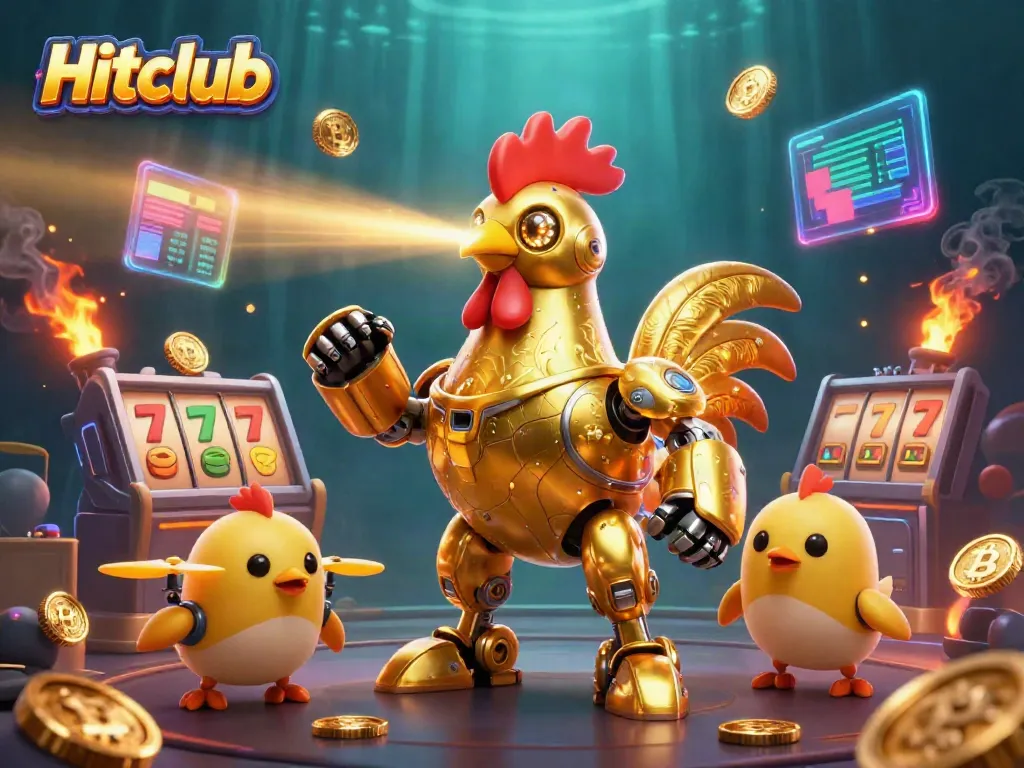 Hitclub showcases a vibrant 3D illustration featuring a golden rooster robot and baby chick drones, emphasizing exciting slot gaming elements.