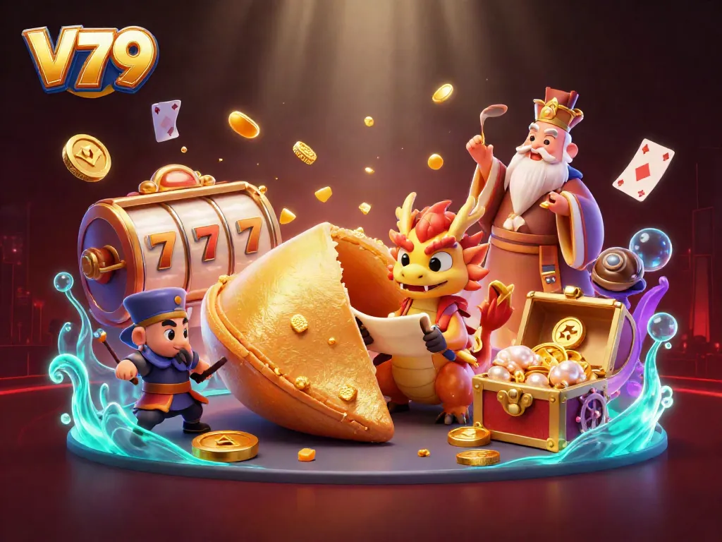 Experience the excitement at V79 Casino with a vibrant scene of spinning slot reels and a wise dragon.